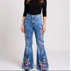 Embroidered Jeans - High Waisted Floral Print Slim Fit Denim Flare Pants